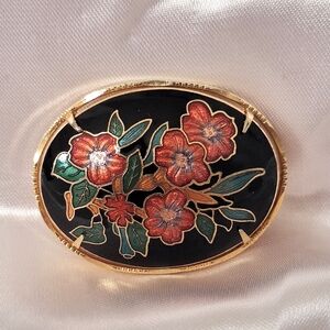 Vintage Floral Cloisonne Brooch & Pendant with Gold Tone Accents